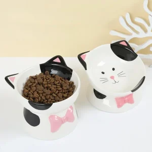 Ceramic High Food Cat Bowl Black and White Contrast