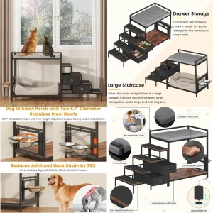 Elevated bed platform with storage, staircase, bunk bed, and adjustable pet feeder